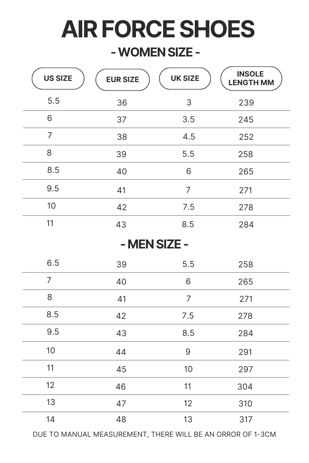 Product size chart