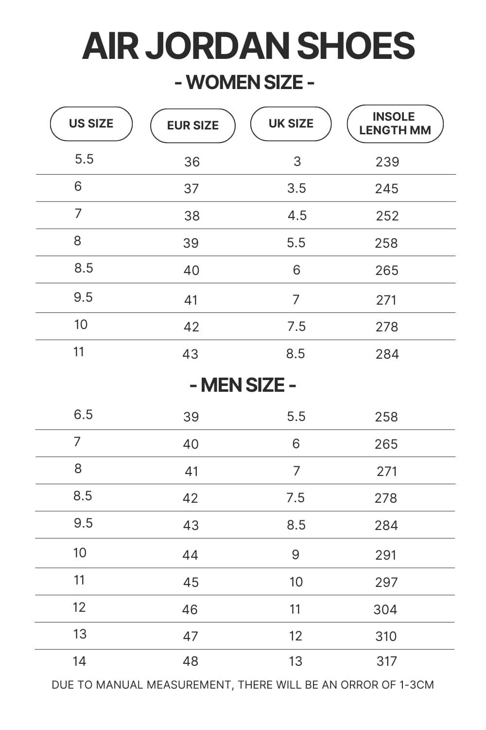 Air Jordan Shoes Size Chart - Chainsaw Man UK Store